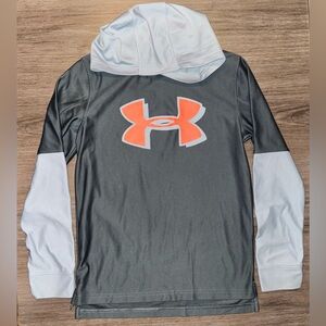 Under Armour Gray and White Hoodie with Orange Logo, boys, size medium